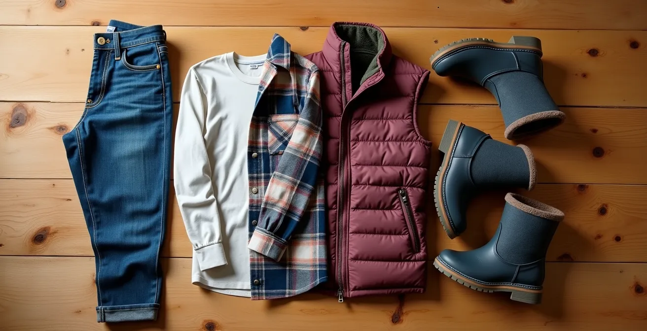 Composition artistique de 5 vêtements essentiels québécois disposés en flat lay sur bois naturel