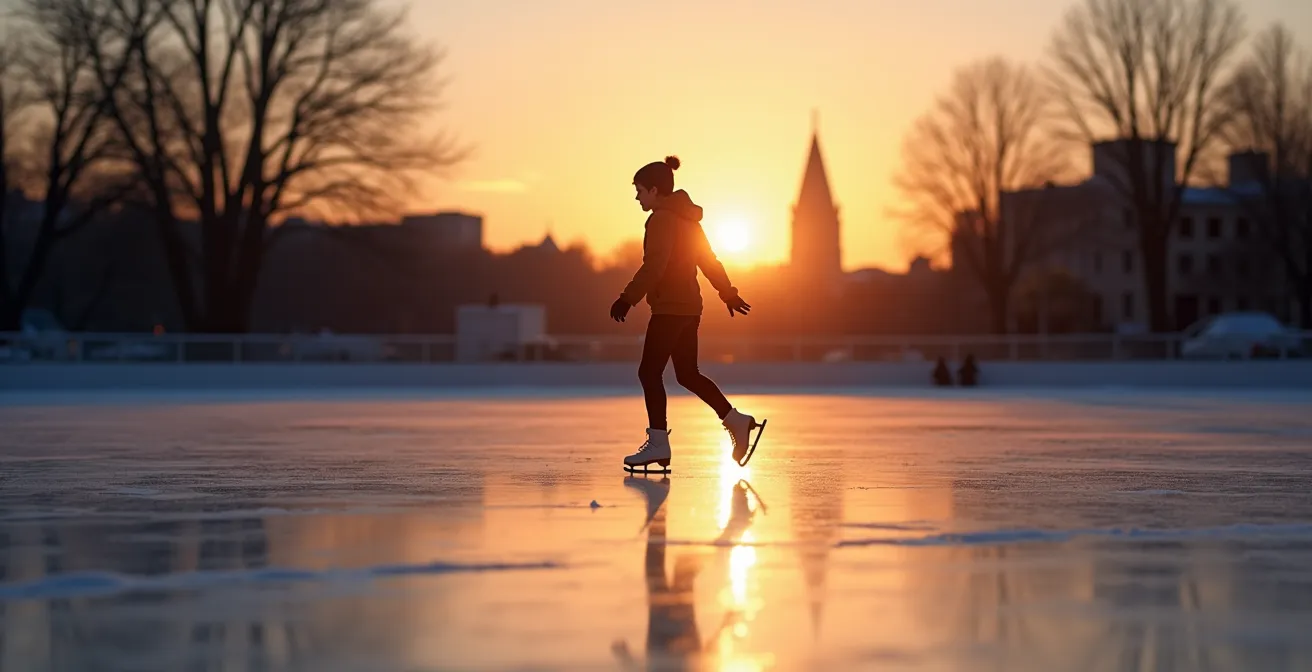 Personne patinant sur une patinoire extérieure au coucher du soleil avec le Mont-Royal en arrière-plan