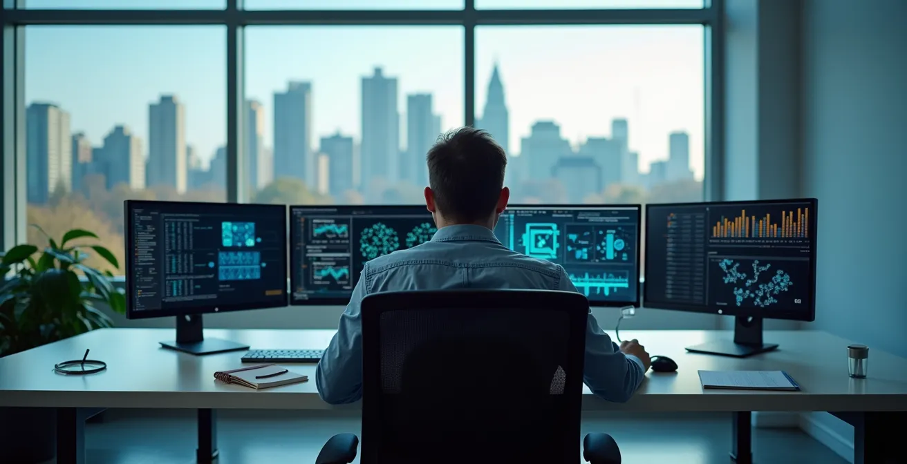 Environnement de travail minimaliste avec écrans montrant analyse de détection visuelle