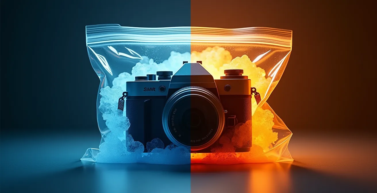 Appareil photo dans sac hermétique avec sachets de gel de silice pour éviter la condensation