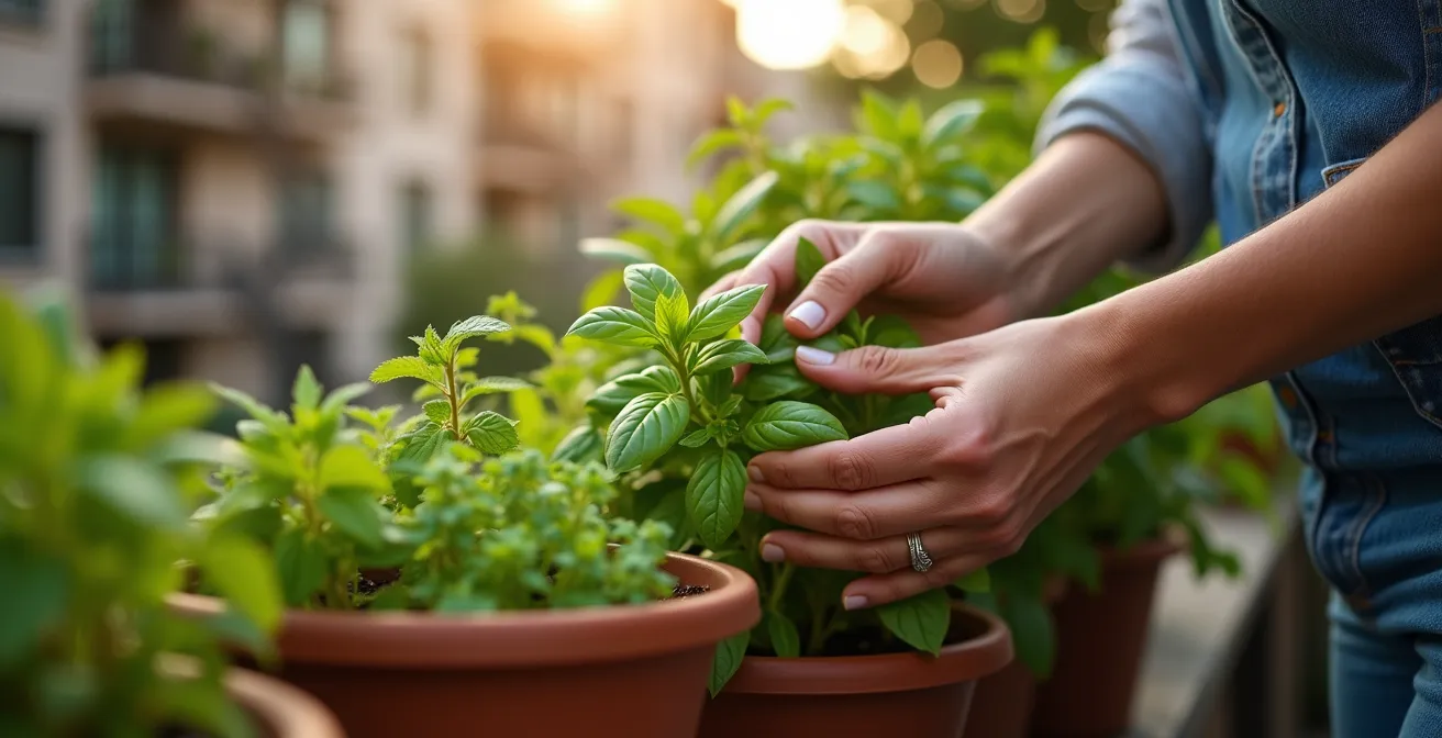 Balcon urbain montréalais avec bacs de fines herbes florissantes sous lumière tamisée