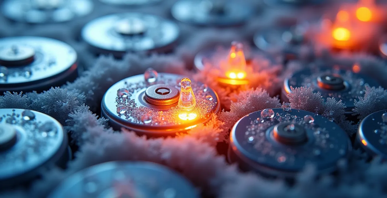Vue macro d'une batterie de véhicule électrique avec cristaux de givre et effet thermographique