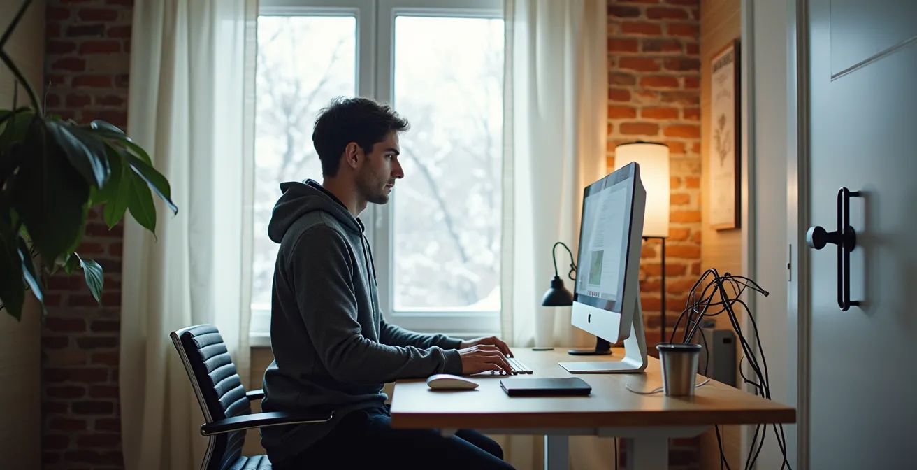 Personne alternant entre position assise et debout à un bureau ajustable dans un espace québécois