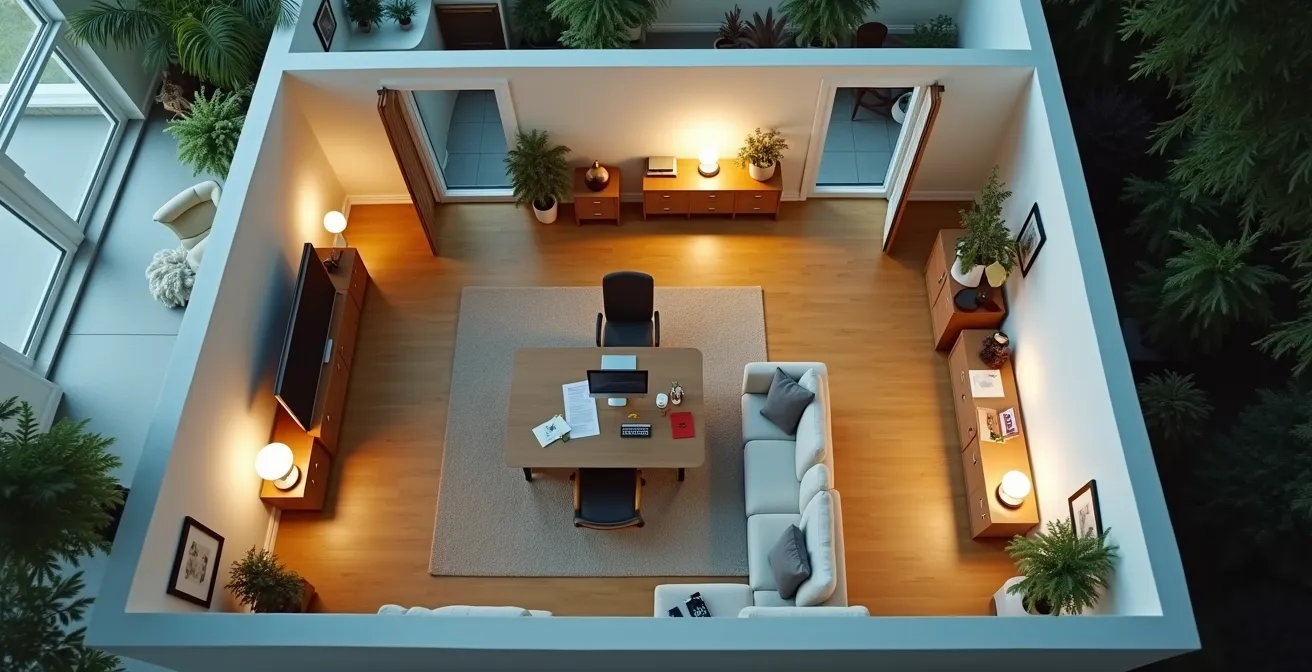 Vue en plongée d'un espace de bureau à domicile bien délimité dans une maison québécoise