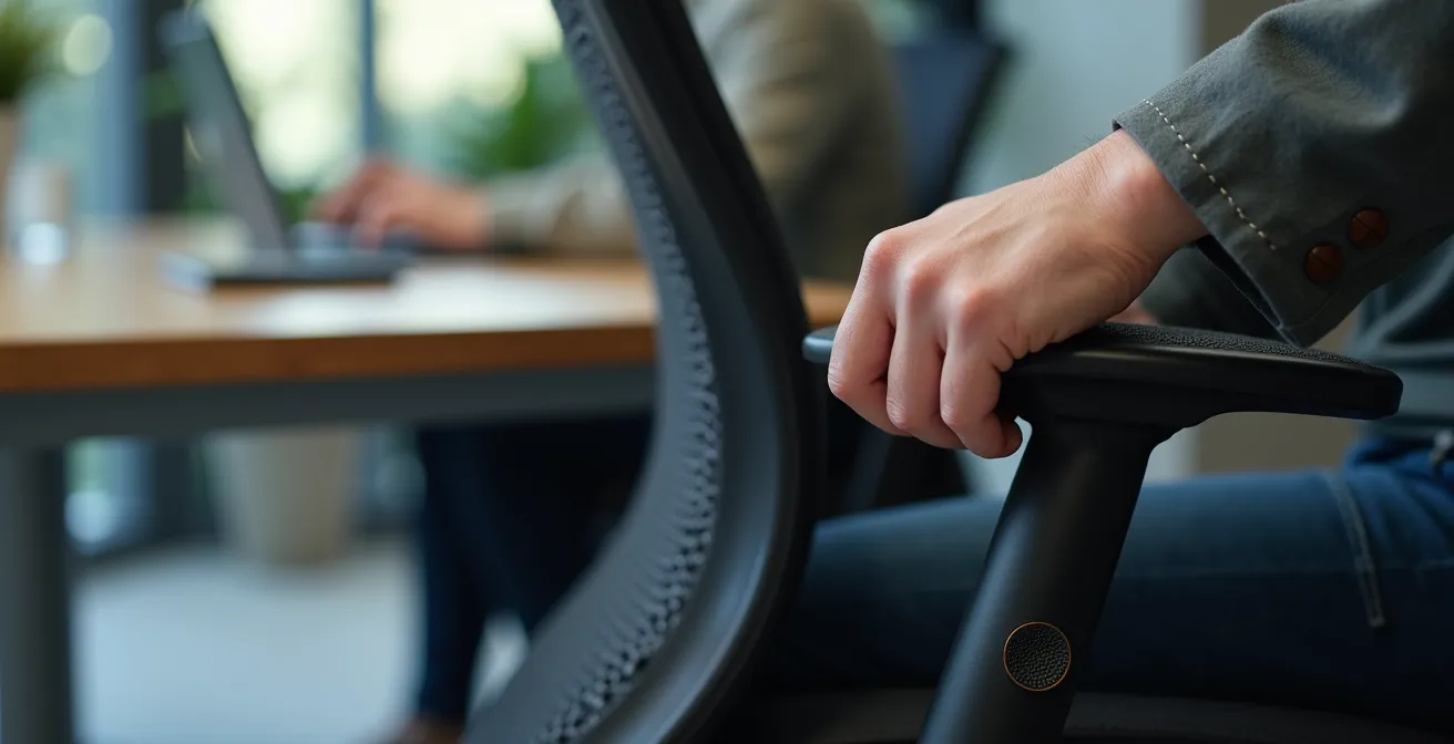 Détails macro des ajustements ergonomiques d'une chaise de bureau professionnelle