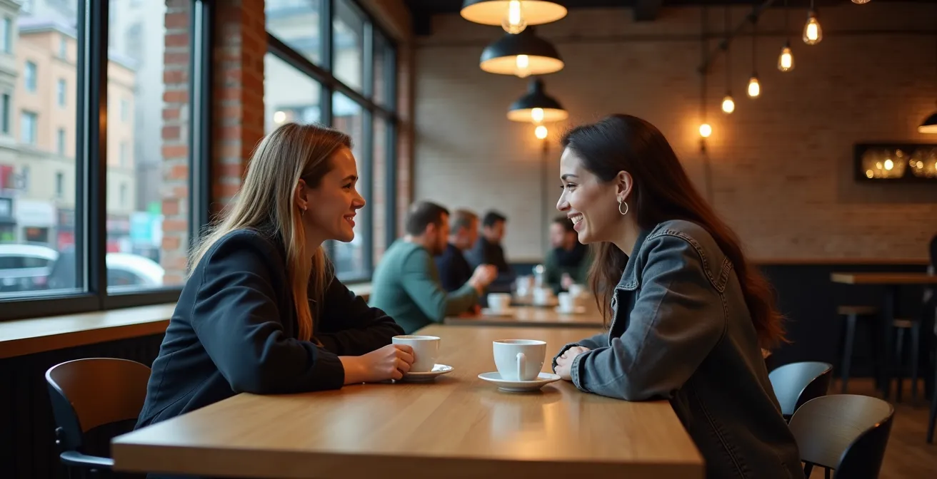 Deux personnes en discussion autour d'un café dans un environnement chaleureux québécois