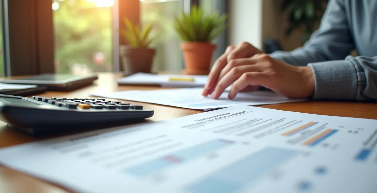 Personne consultant des documents d'assurance avec calculatrice dans un bureau lumineux