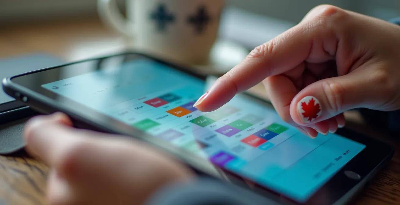 Vue macro d'un calendrier numérique partagé avec codes couleurs for organisation familiale