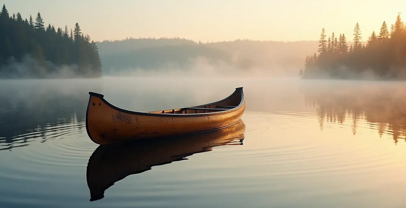 Canot traditionnel sur un lac calme entouré de forêt boréale au lever du soleil