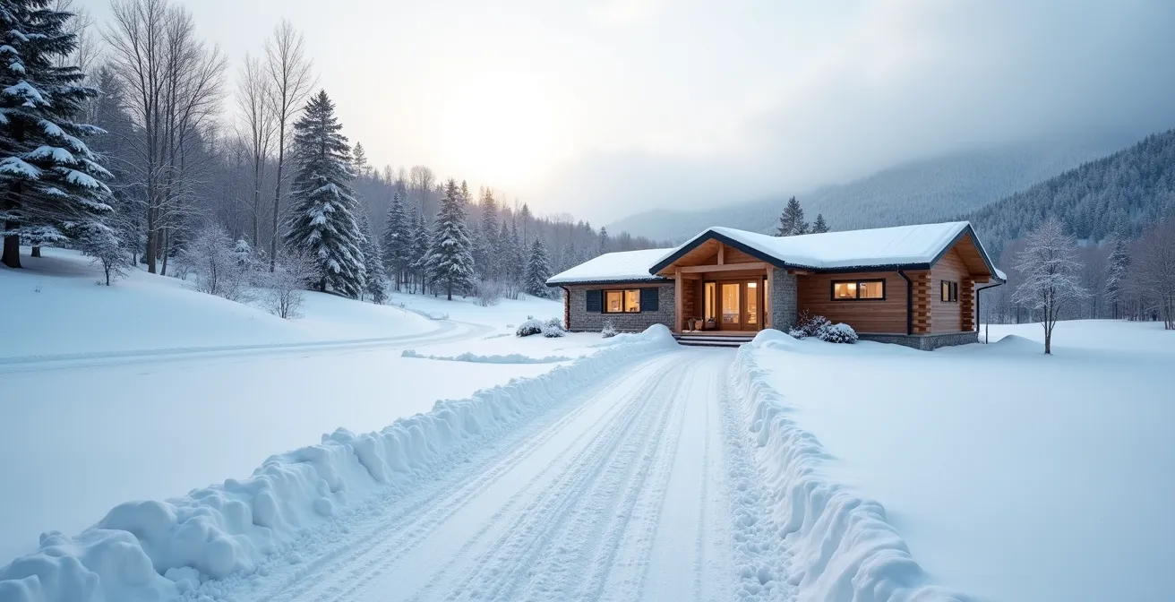 Chalet moderne dans les Laurentides avec allée parfaitement déneigée en hiver