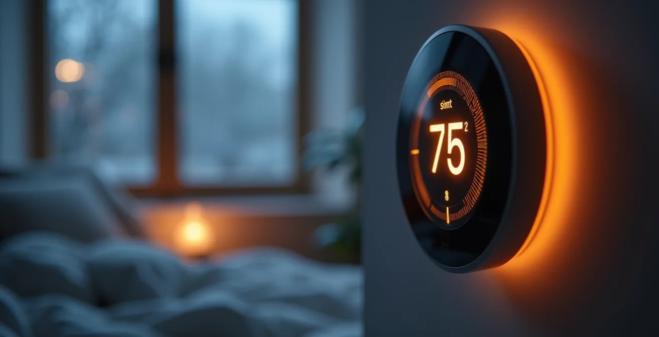 Thermostat intelligent réglé à 18 degrés dans une chambre québécoise avec vue sur l'extérieur hivernal