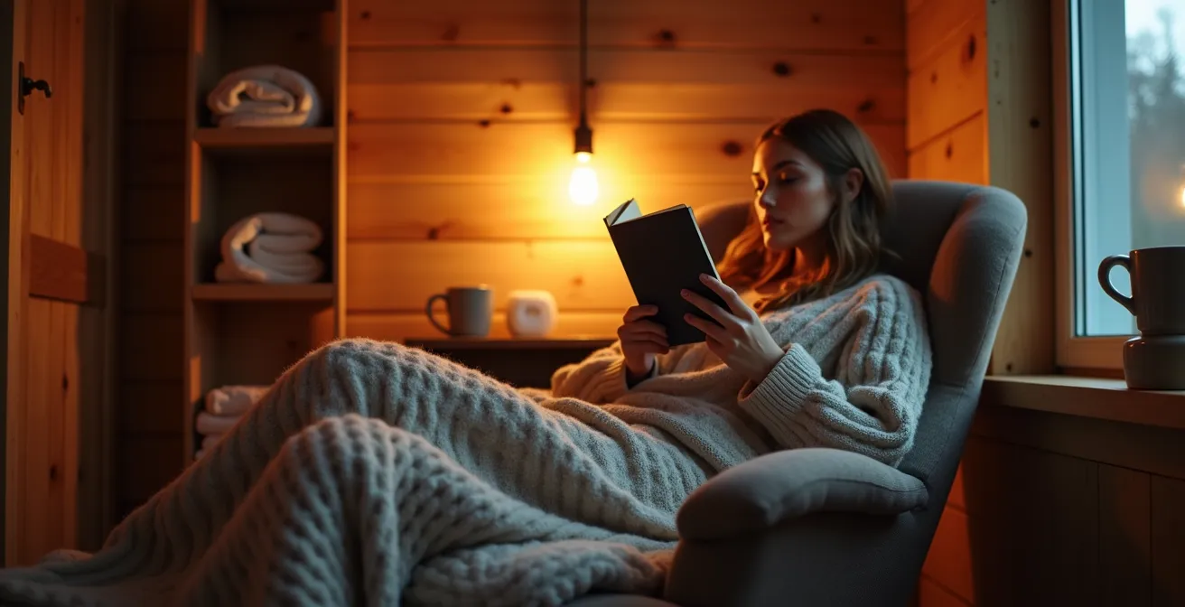 Coin lecture avec fauteuil ergonomique et éclairage tamisé dans ambiance spa québécoise