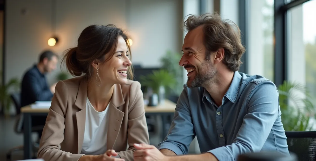 Collègues québécois en discussion informelle dans un bureau moderne à Montréal