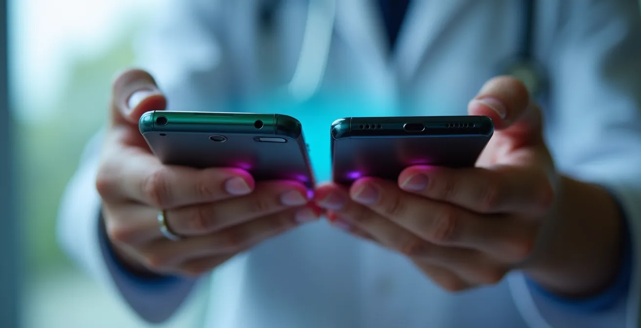 Mains tenant trois smartphones montrant des interfaces de méditation différentes