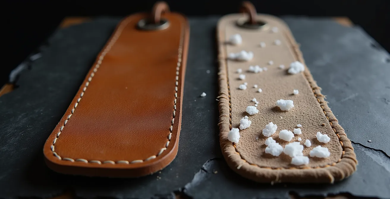 Gros plan comparatif de deux échantillons de cuir après exposition au sel, montrant les dégâts différents sur le cuir pleine fleur et le suède.