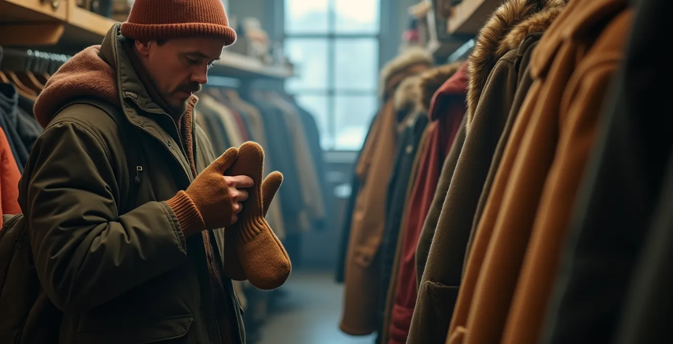 Intérieur d'une friperie montréalaise avec rangées de manteaux d'hiver vintage et mitaines suspendues.