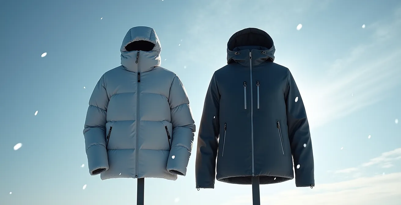 Comparaison visuelle entre deux manteaux d'hiver, l'un gonflé en duvet et l'autre plus ajusté en synthétique