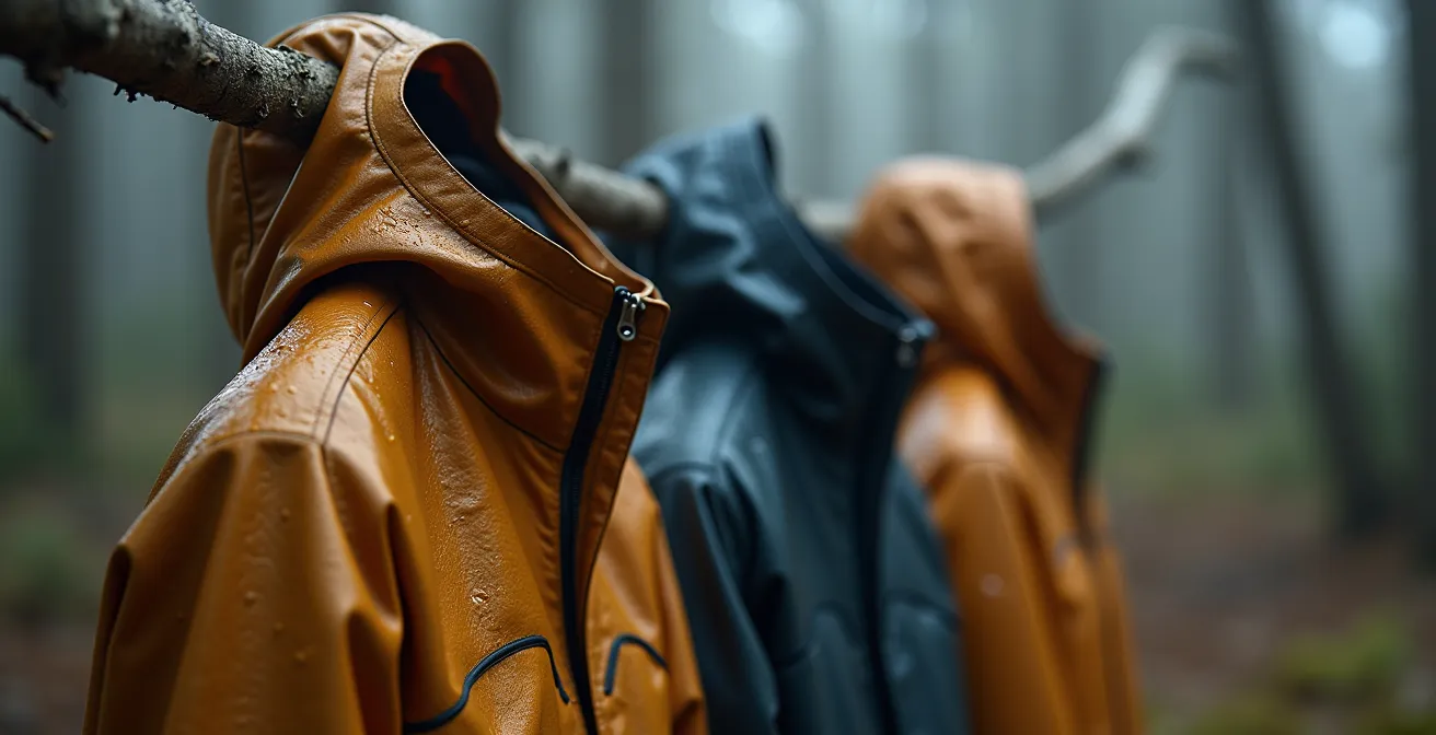 Gros plan sur deux vestes suspendues à des branches d'épinette, l'une technique et l'autre en toile cirée