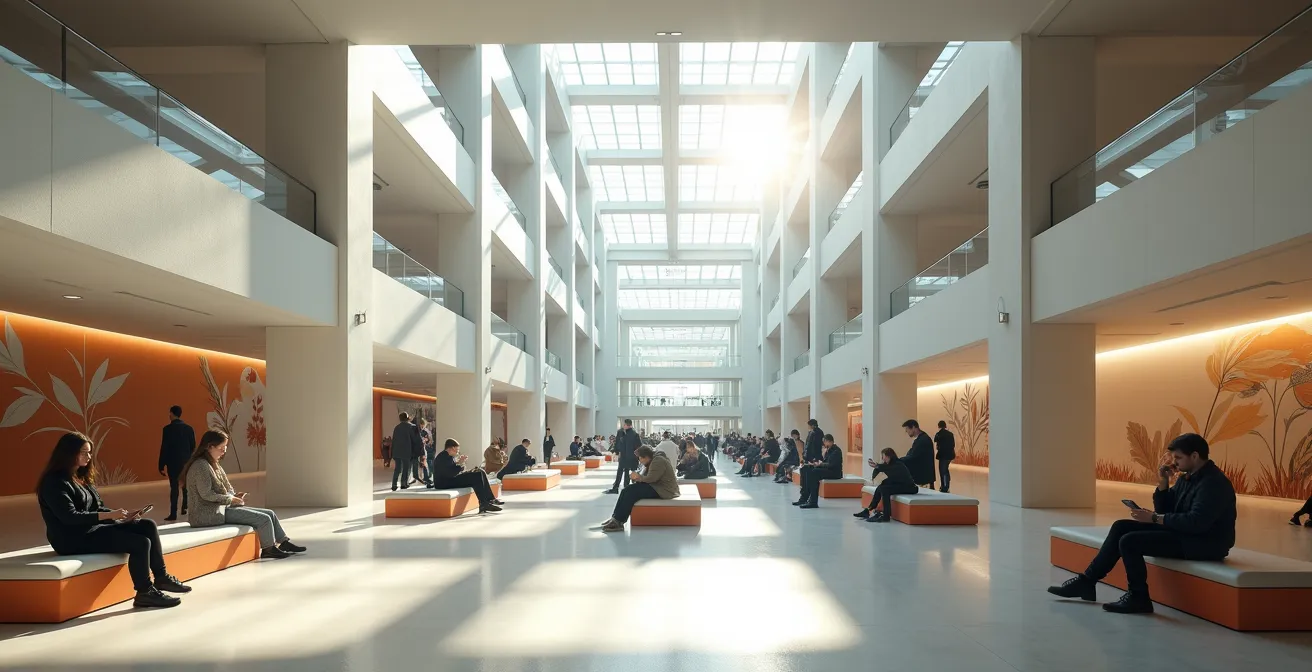 Intérieur lumineux du Complexe Desjardins servant de point de rencontre pendant le festival