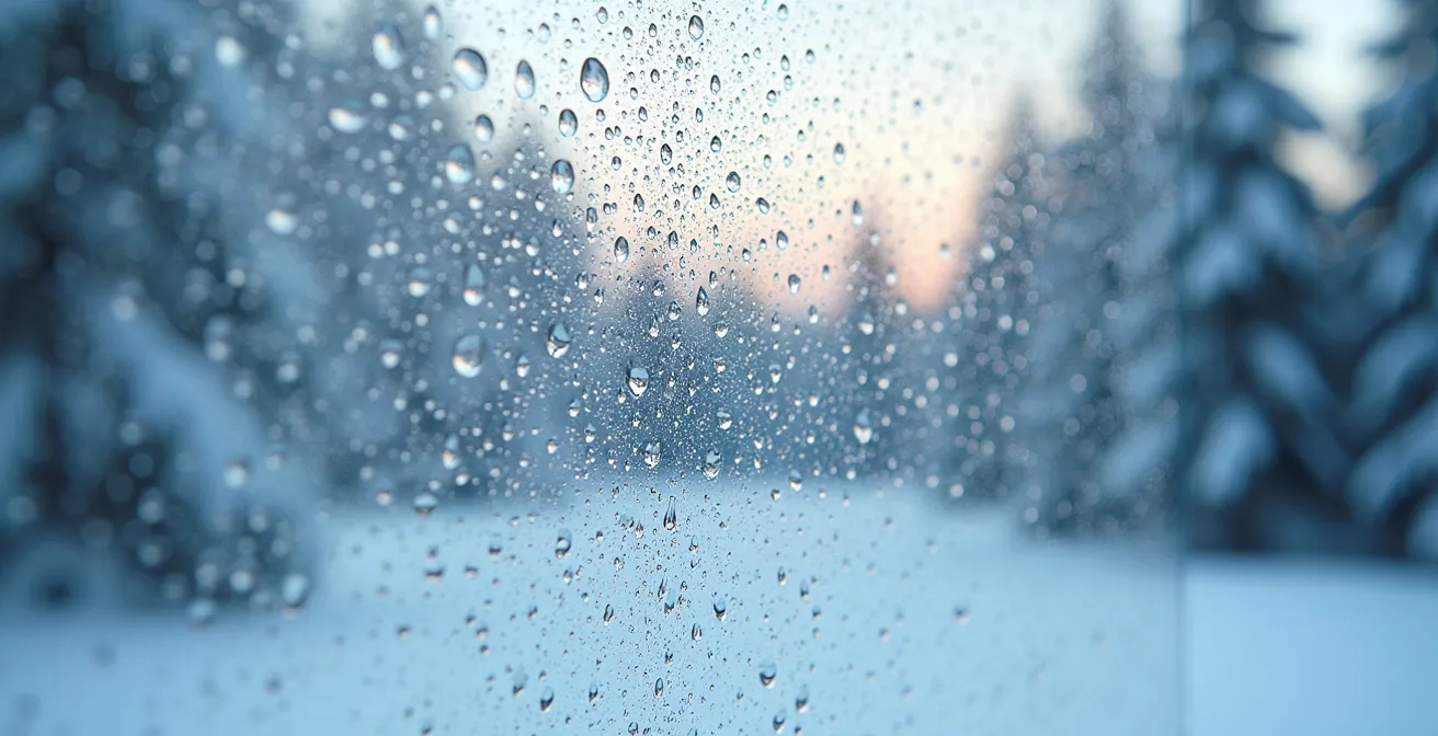 Gros plan sur la condensation d'une fenêtre en hiver révélant des traces d'humidité