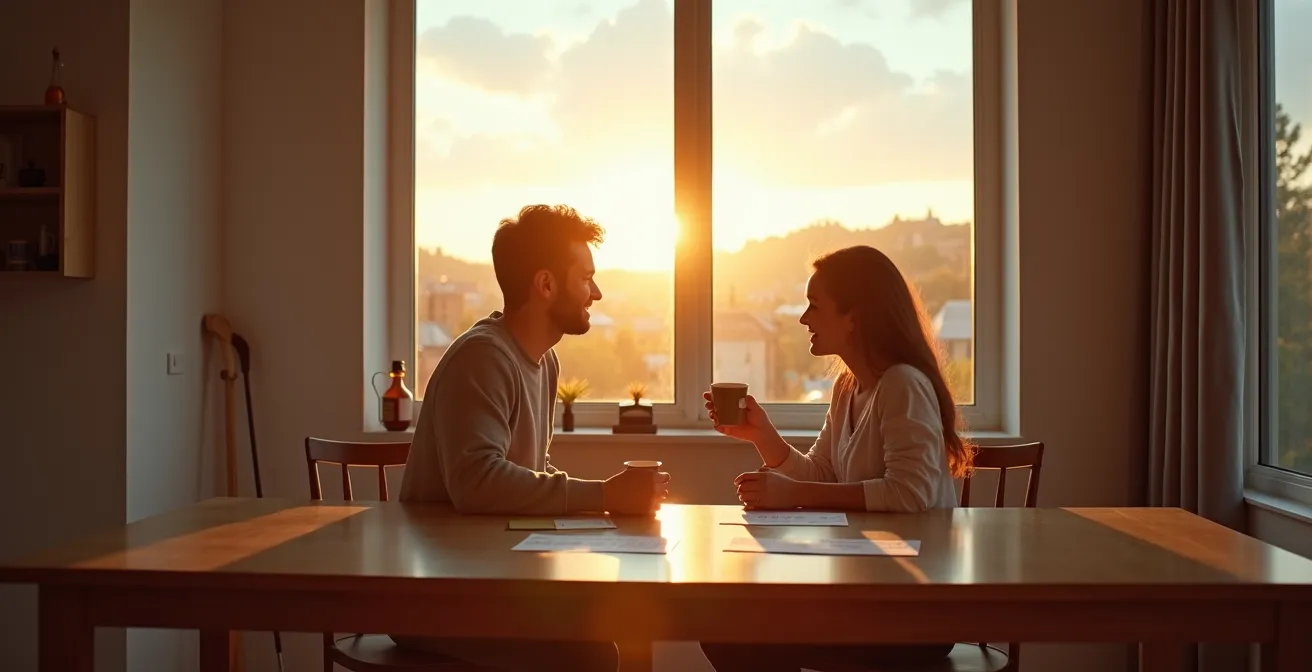 Couple québécois planifiant ensemble leur soirée en amoureux avec calendrier et sourires complices