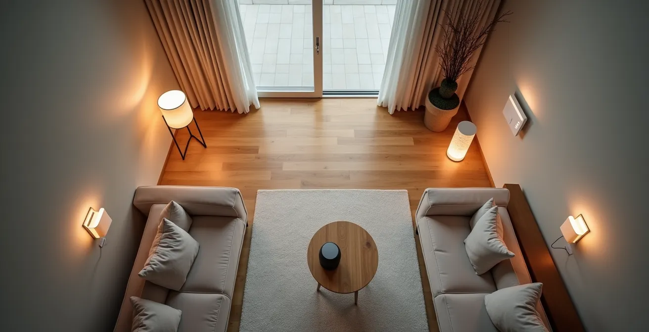 Vue aérienne d'un salon montrant différents appareils connectés communiquant entre eux via des ondes invisibles représentées par des cercles lumineux