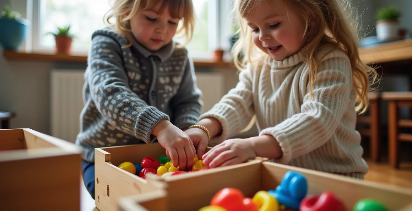 Enfants rangeant joyeusement des jouets dans des bacs colorés avec des vêtements d'hiver québécois