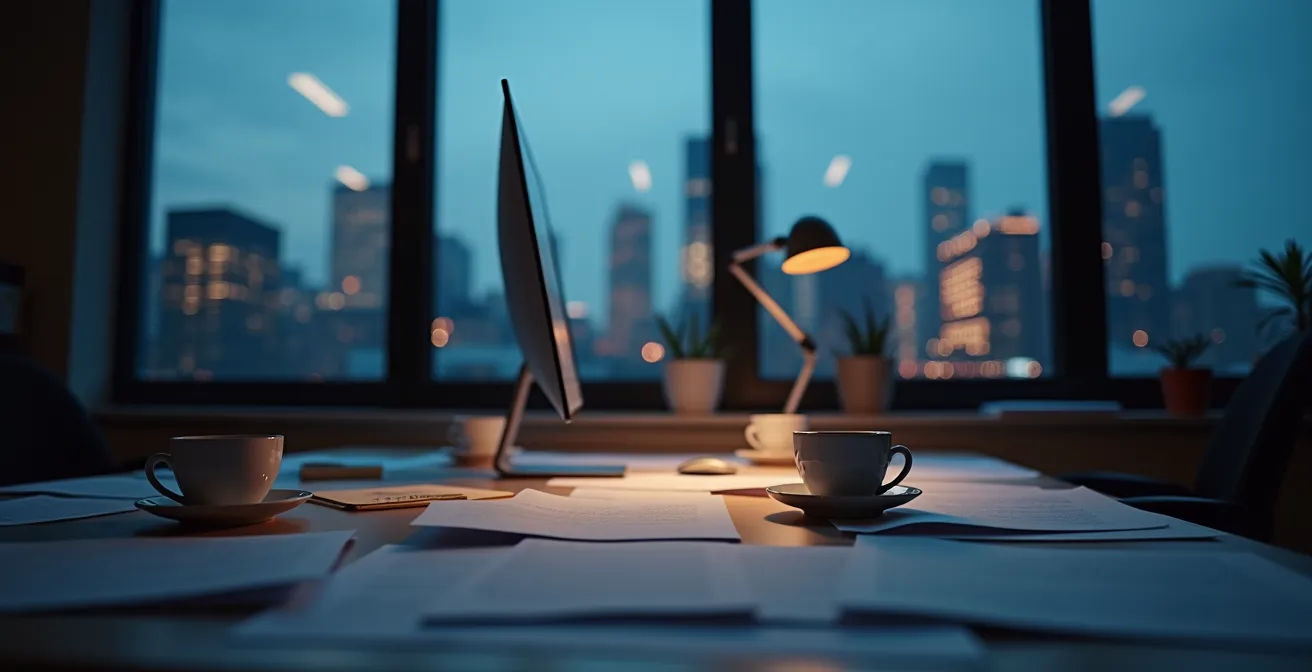 Espace de travail québécois montrant des signes subtils de désorganisation et de surcharge