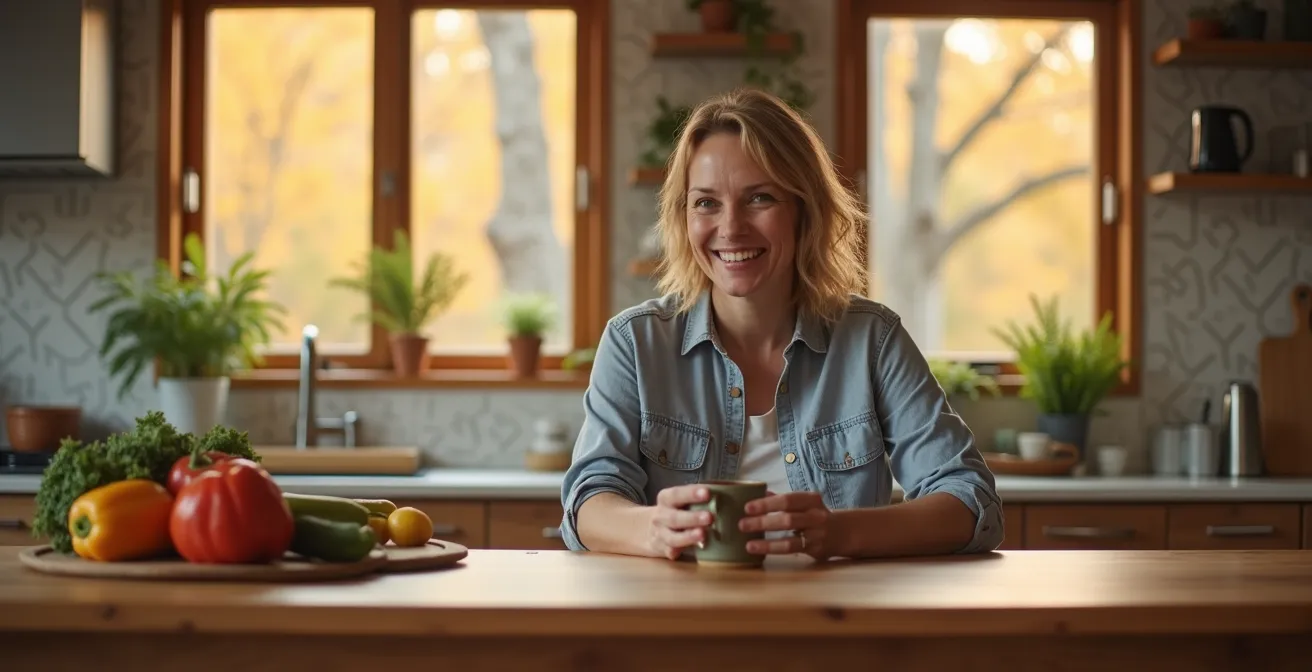 Parent détendu dans une cuisine moderne québécoise avec repas préparés en arrière-plan