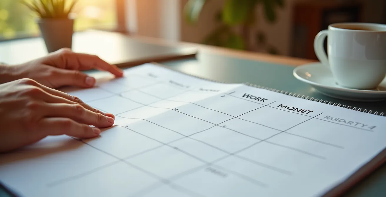 Espace de travail moderne illustrant l'équilibre entre productivité et bien-être avec une organisation de type semaine de 4 jours.