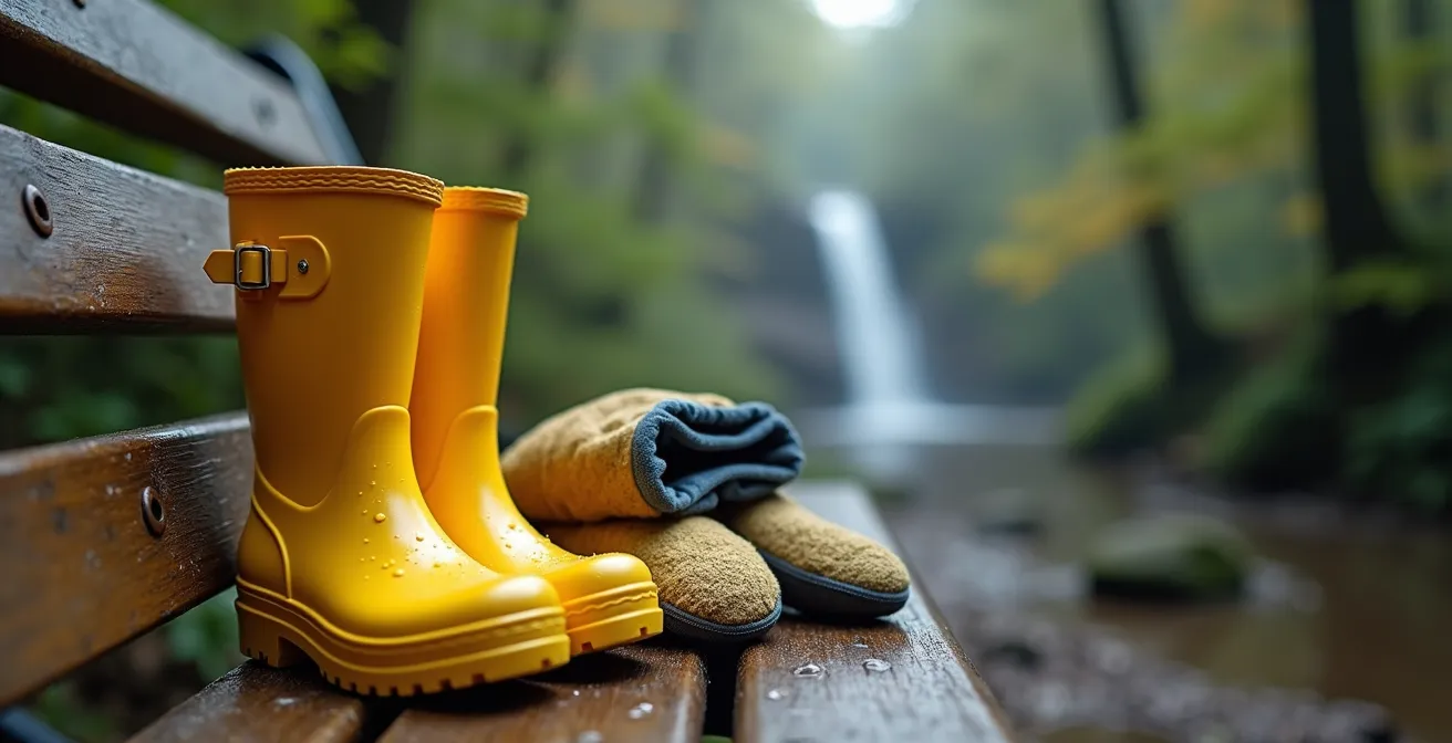 Détail macro de vêtements imperméables et bottes d'enfant avec gouttelettes d'eau