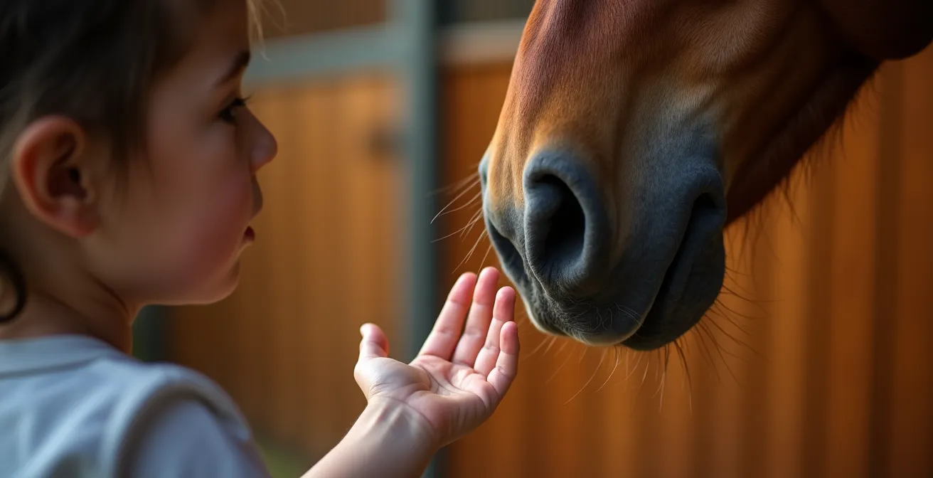 Enfant autiste caressant doucement le museau d'un cheval thérapeutique dans un centre équestre québécois