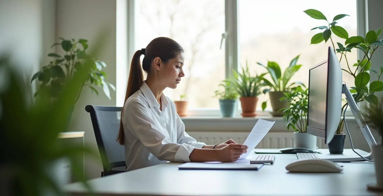 Professionnel analysant des documents de travail dans un environnement de bureau calme et bien éclairé, suggérant une meilleure organisation.