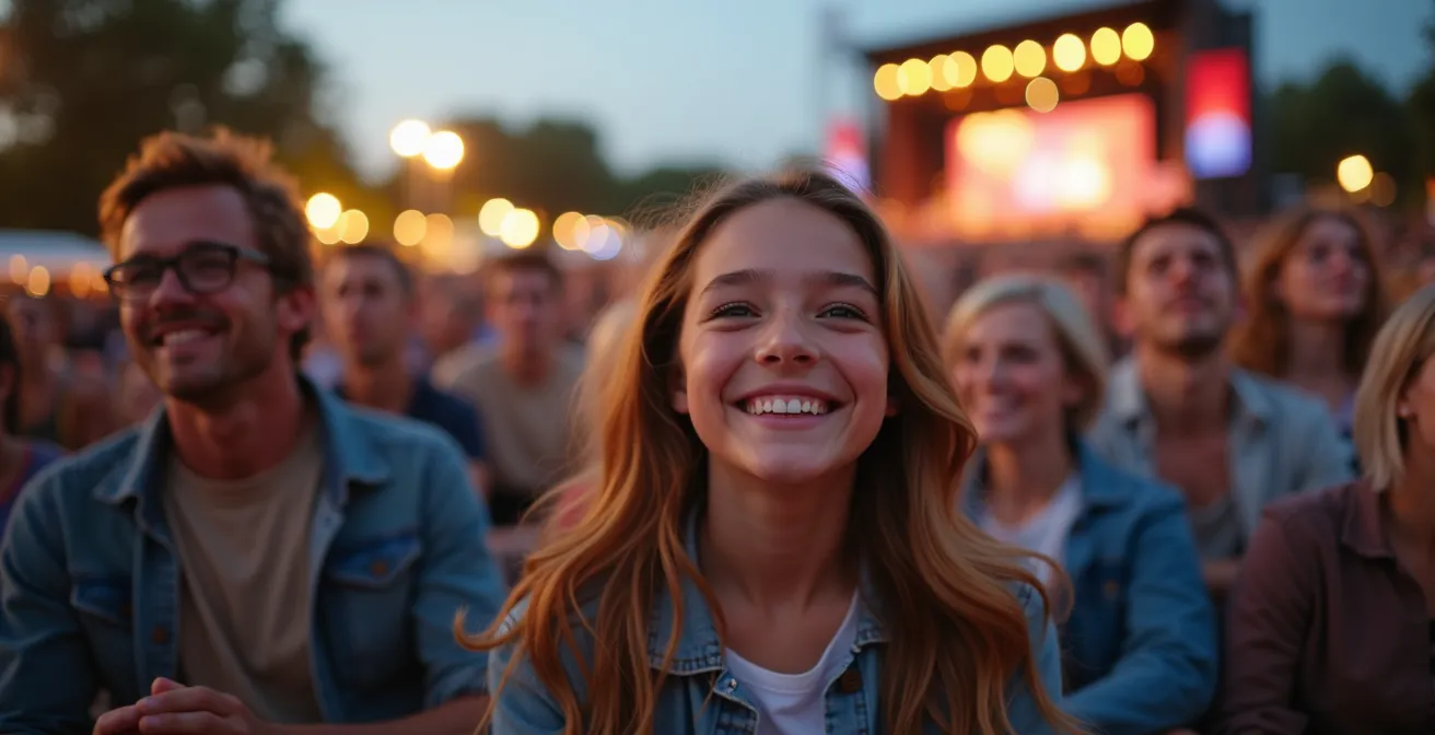 Foule multigénérationnelle assistant à un concert gratuit sur la Place des Festivals