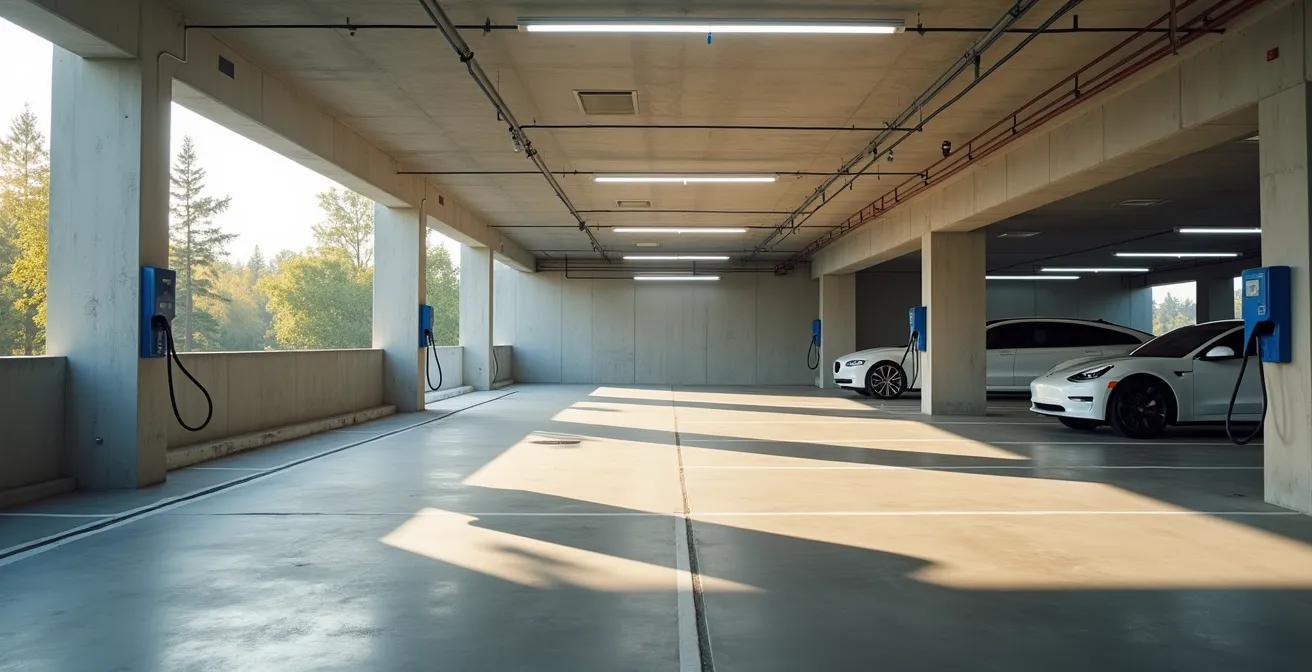 Garage de copropriété moderne avec bornes de recharge installées le long du mur