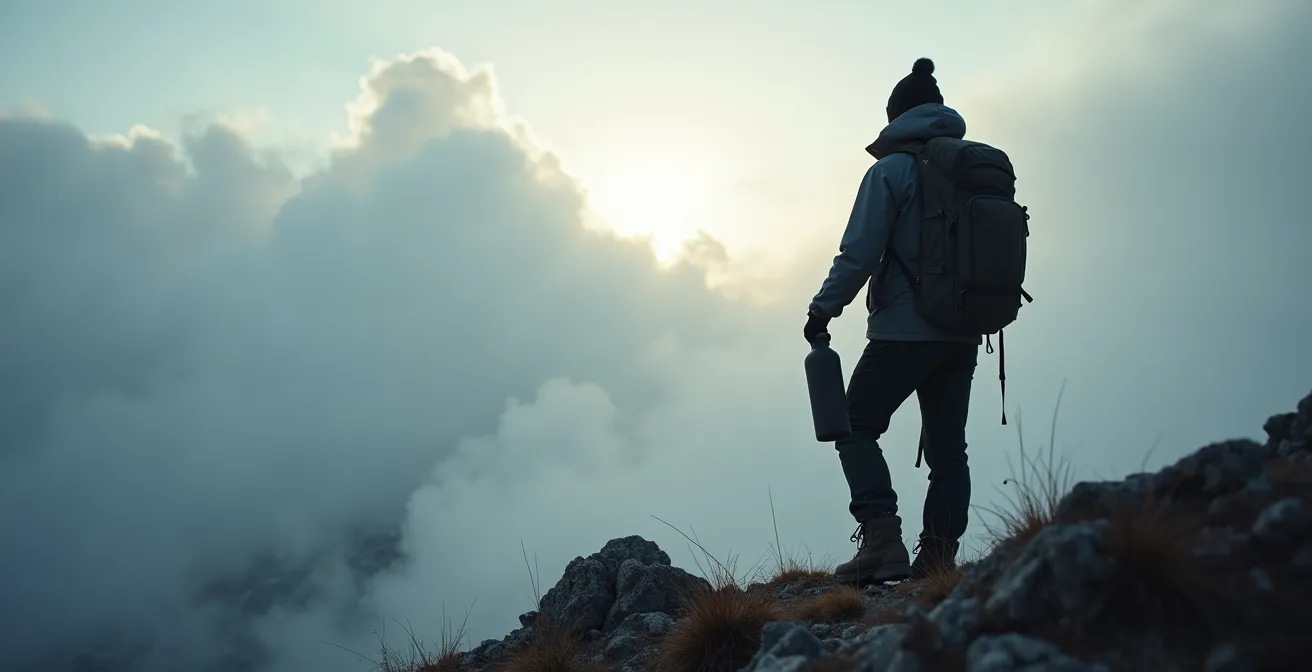 Randonneur avec système d'hydratation isolé sur sommet venteux de la Gaspésie