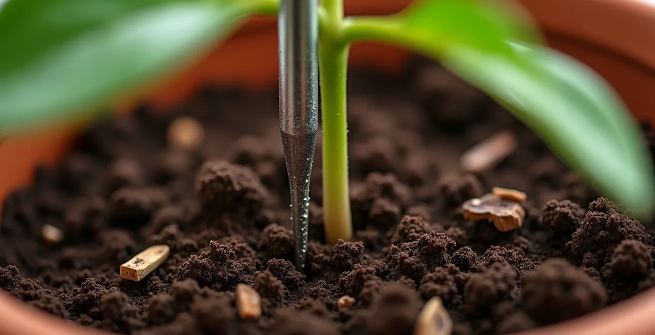 Gros plan macro sur un hygromètre planté dans la terre d'une plante d'intérieur avec des gouttelettes d'eau