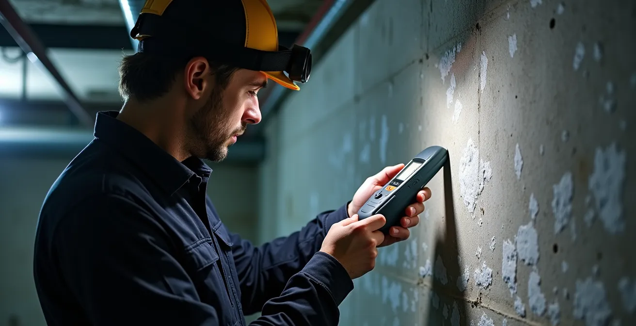 Vue détaillée d'un mur de sous-sol montrant des traces d'efflorescence blanche