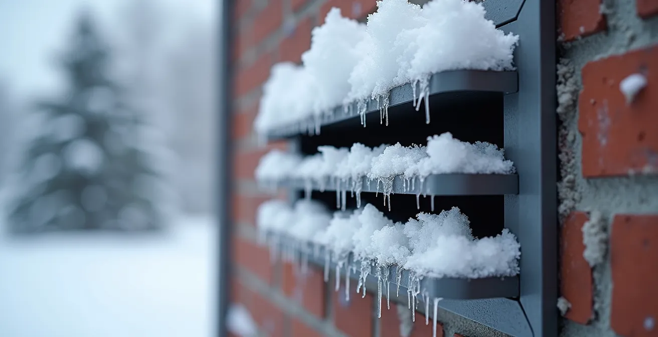 Inspection d'une grille extérieure d'échangeur d'air en hiver au Québec