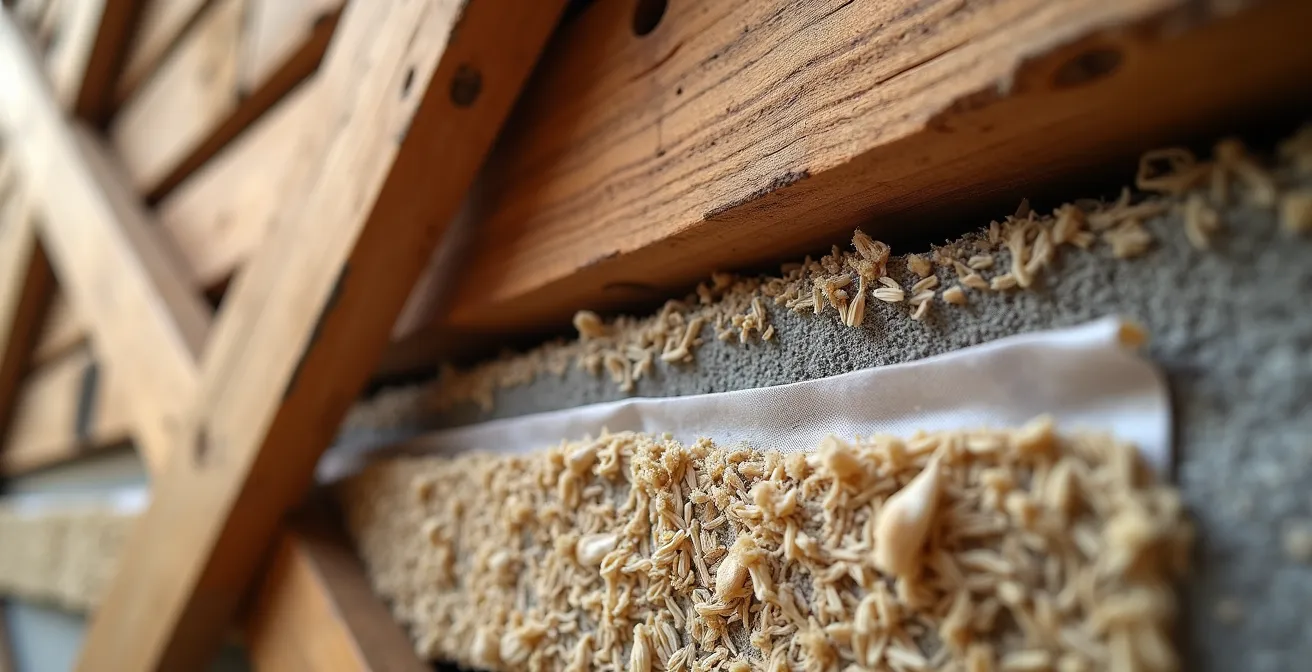 Coupe transversale d'un mur de maison ancestrale montrant l'isolation par l'intérieur avec contre-cloison