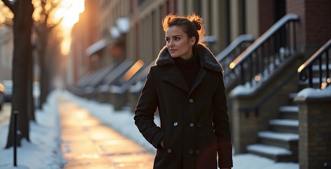 Silhouette élégante portant un manteau d'hiver cintré dans les rues enneigées de Montréal