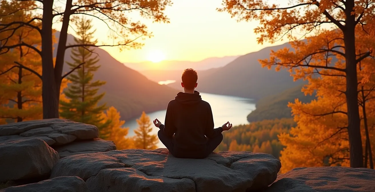 Personne pratiquant la méditation en pleine nature sans technologie, illustrant l'approche zéro-donnée