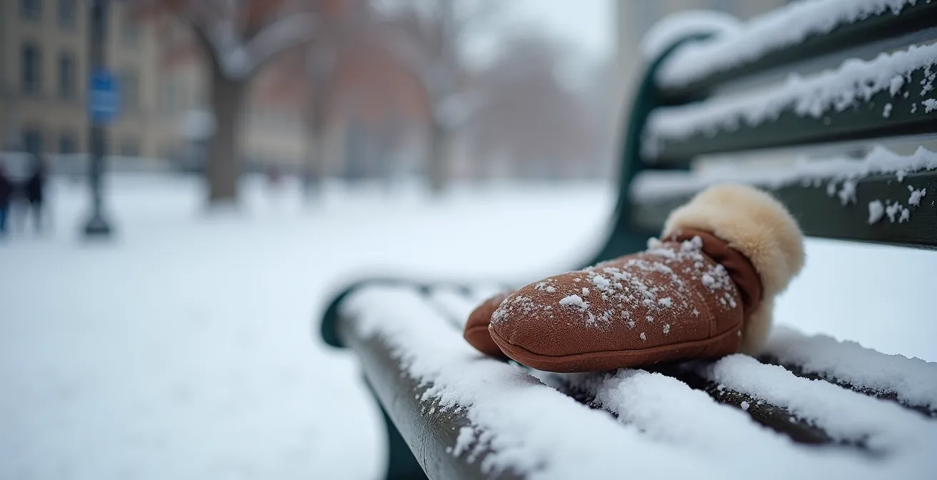 Gros plan sur des mitaines en fourrure traditionnelles québécoises dans un décor hivernal urbain