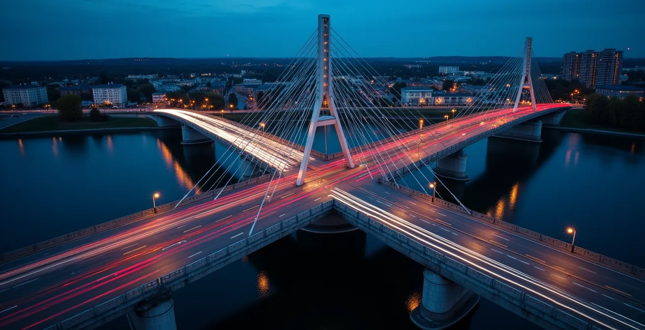 Vue aérienne du trafic sur un pont montréalais symbolisant le flux des pensées