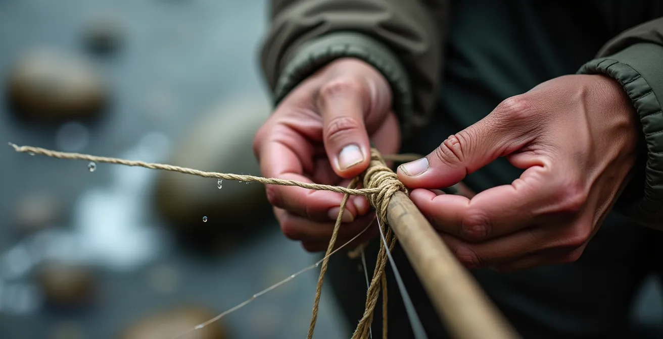 Pêcheur traditionnel Mi'gmaq au bord d'une rivière gaspésienne dans la brume matinale
