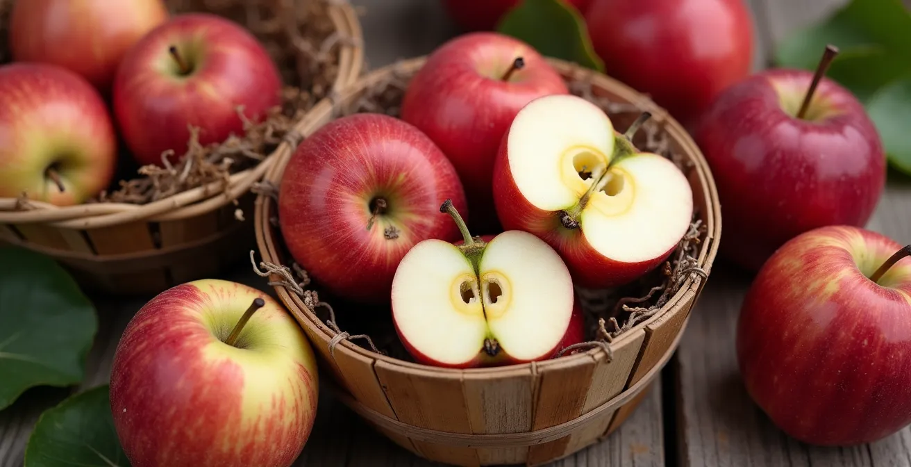 Gros plan sur différentes variétés de pommes québécoises dans des paniers de récolte