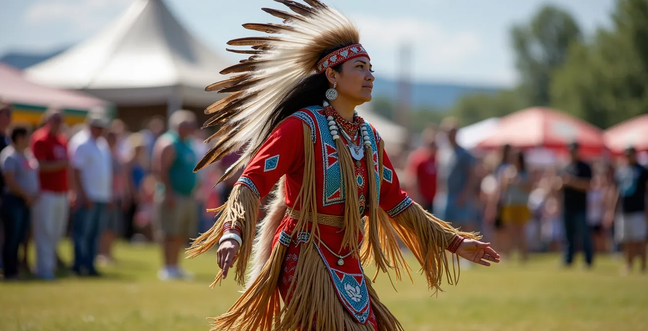 Danseur autochtone en regalia traditionnel coloré lors d'une cérémonie de pow-wow, capturé en mouvement