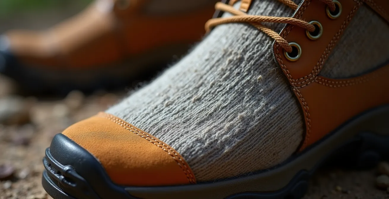 Gros plan sur pied avec pansement hydrocolloïde et chaussette en mérinos dans une botte de randonnée