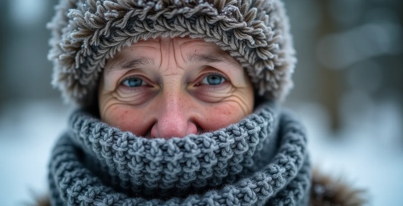Gros plan sur une personne portant un cache-cou en laine mérinos couvrant le nez et la bouche par temps glacial