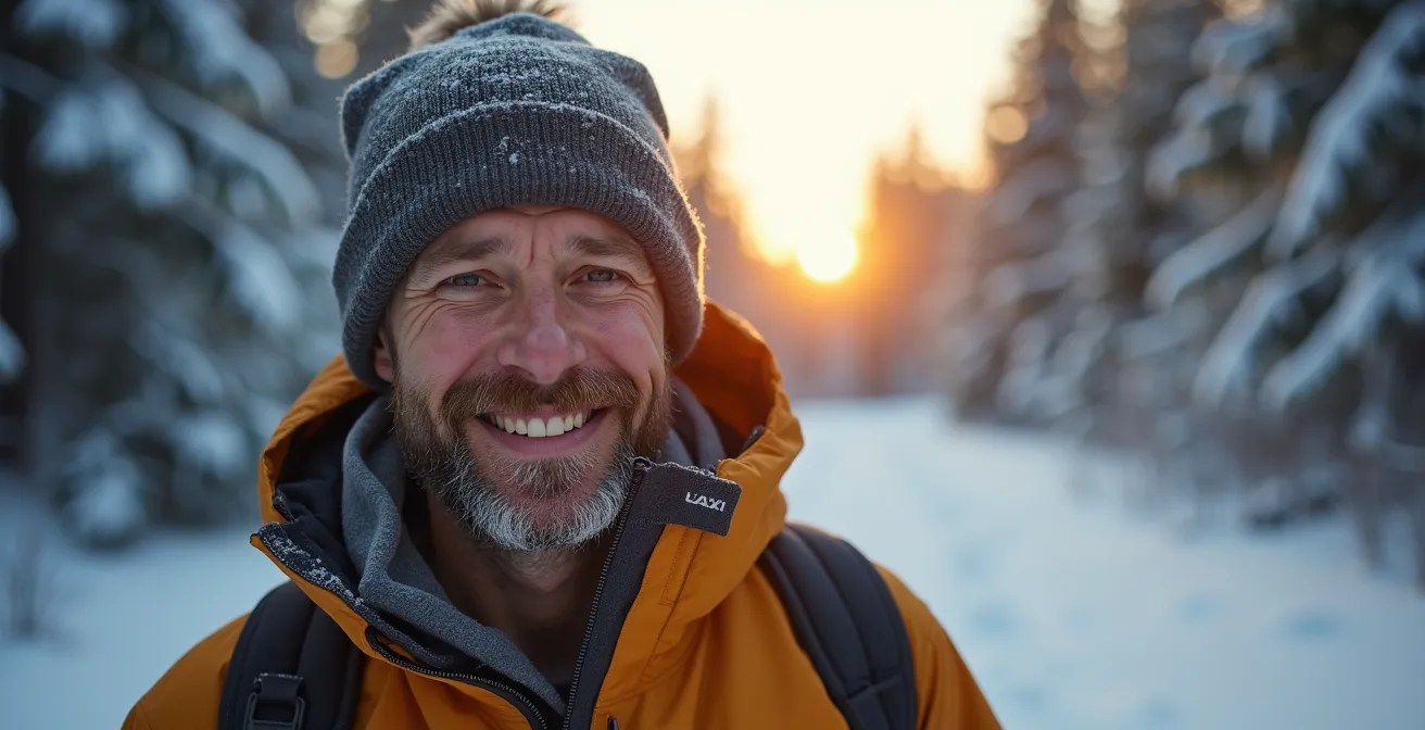 Randonneur en forêt boréale hivernale montrant les différentes couches de vêtements visibles